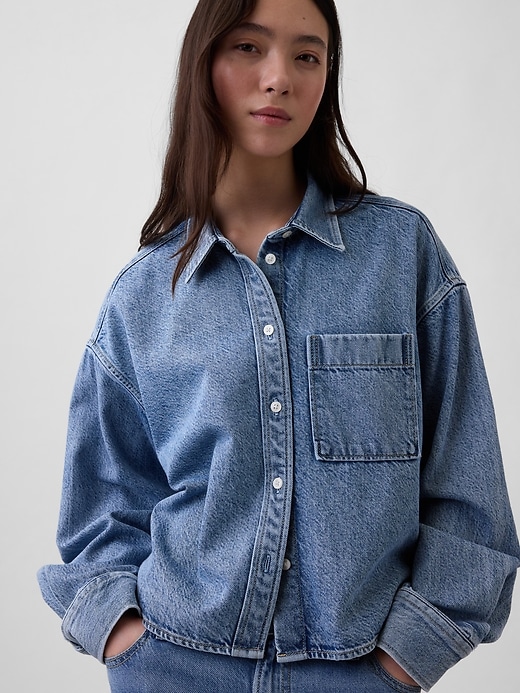 Image number 4 showing, UltraSoft Denim Oversized Straight-Hem Crop Shirt