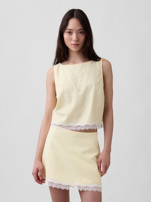 Image number 1 showing, Linen-Blend Lace-Hem Crop Shell Top