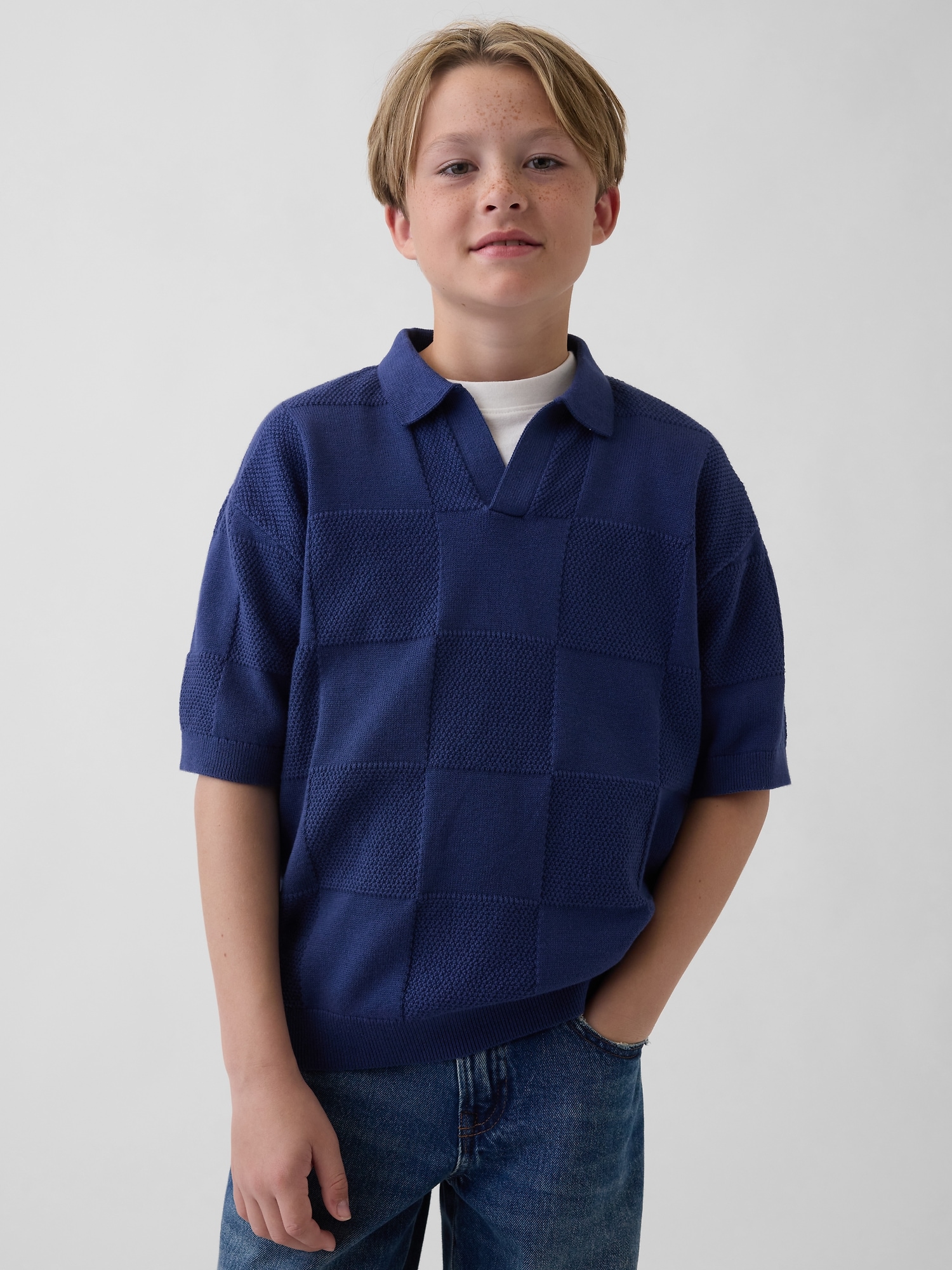 Kids Johnny-Collar Checkered Sweater