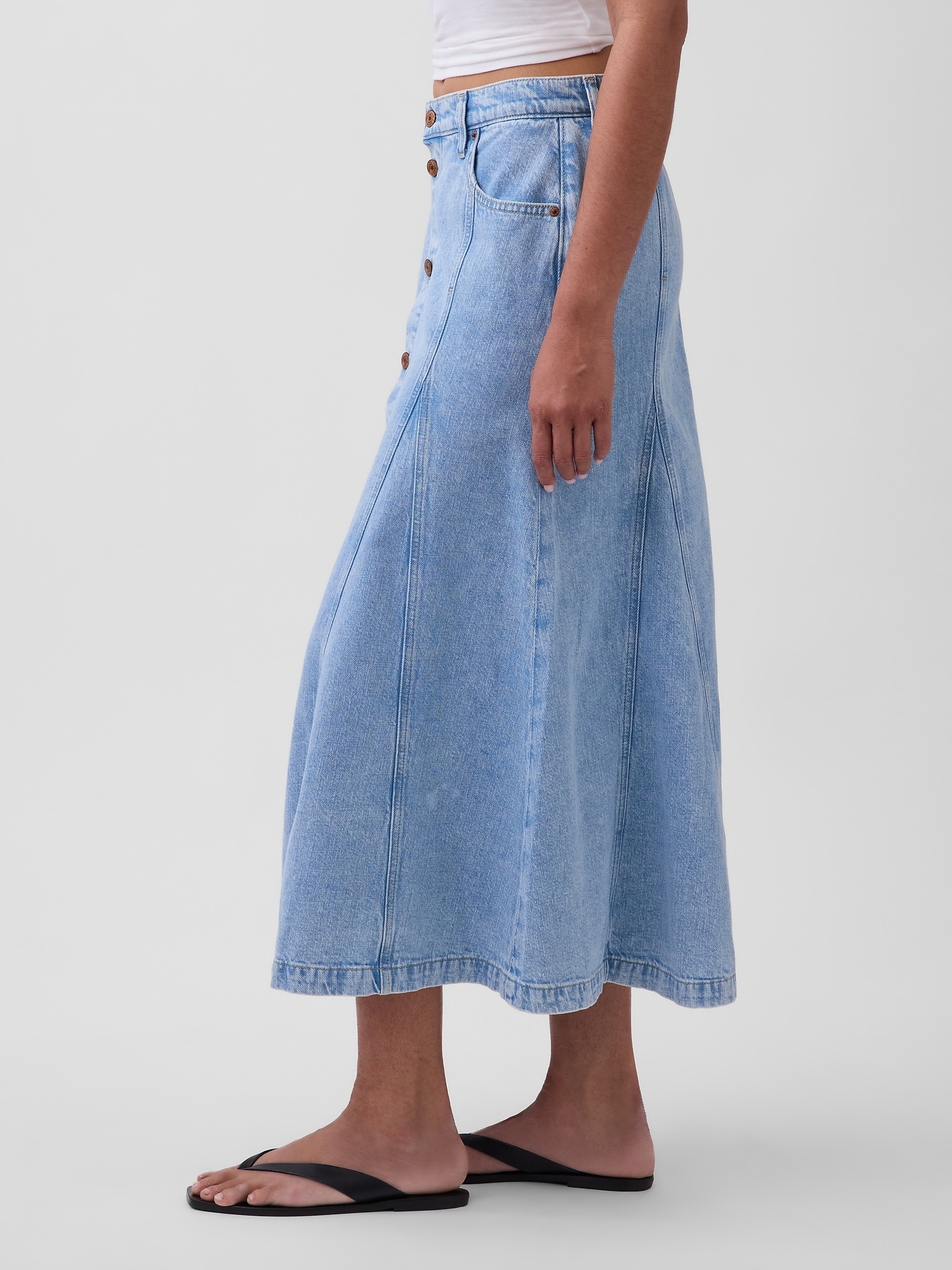 Denim Seamed Button-Front Maxi Skirt