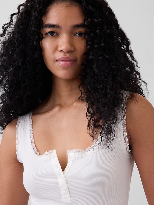 Image number 4 showing, Mini Rib Lace Henley PJ Tank Top