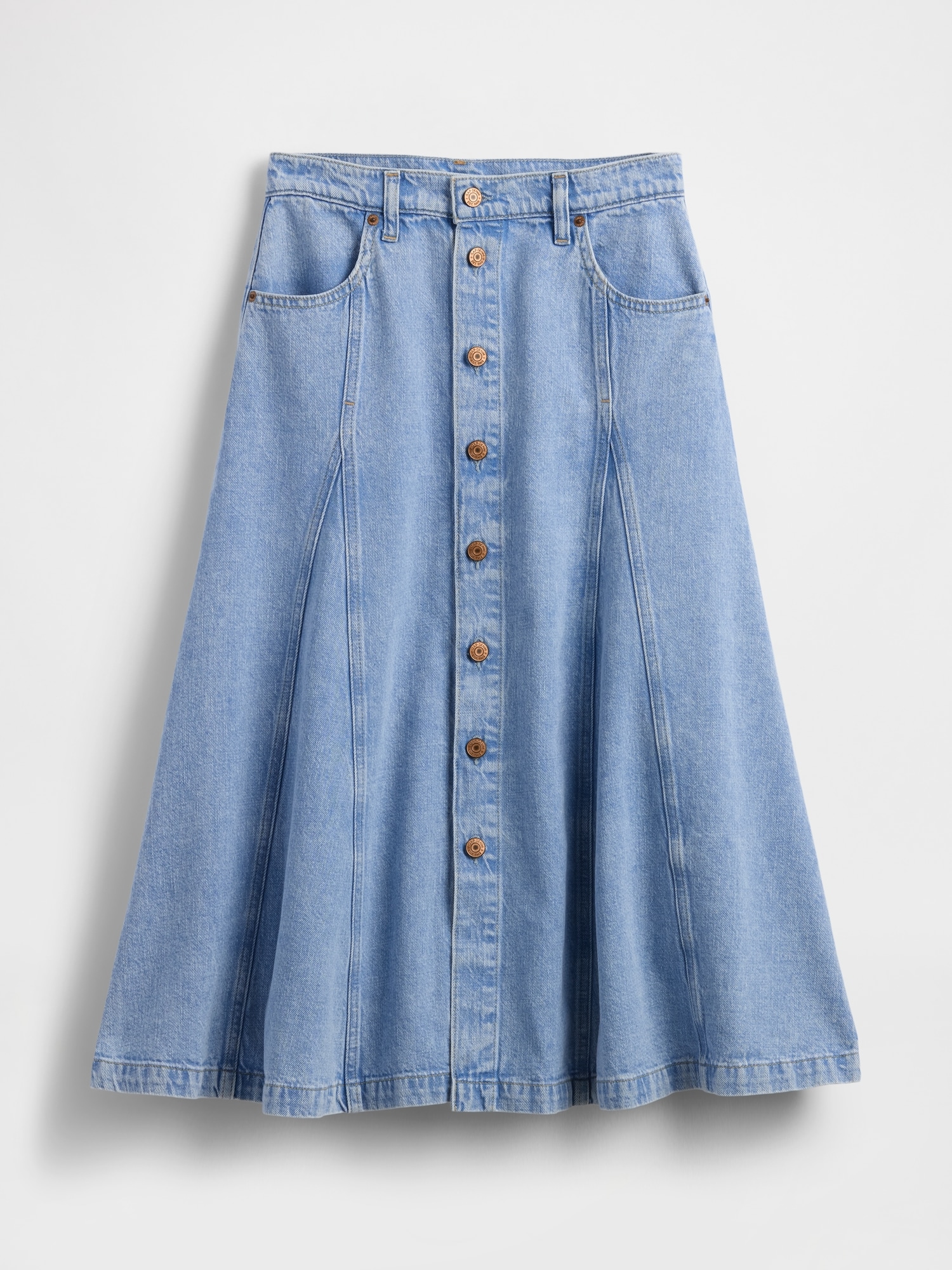 Denim Seamed Button-Front Maxi Skirt