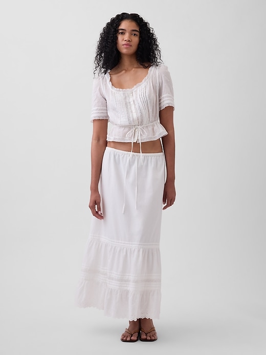 Image number 1 showing, High Rise Tiered Lace-Trim Maxi Skirt