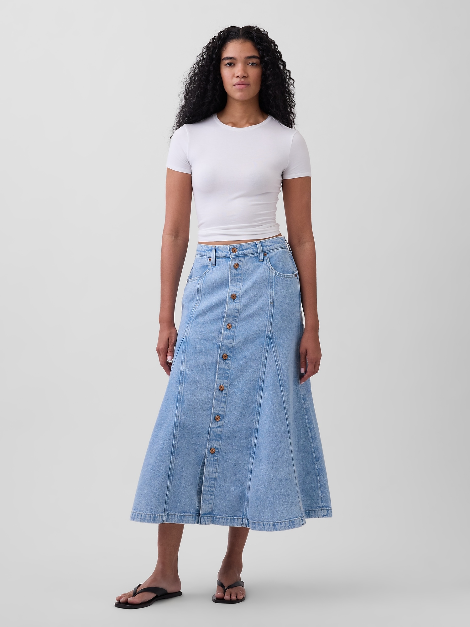 Denim Seamed Button-Front Maxi Skirt