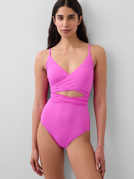 Image number 1 showing, Tie-Knot Cutout Wrap One-Piece Swimsuit