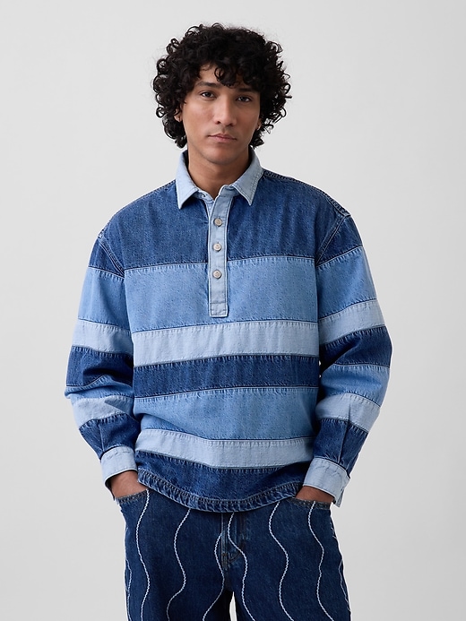 Image number 1 showing, Gap × HFR Stripe Denim Polo Shirt by Daveed Baptiste