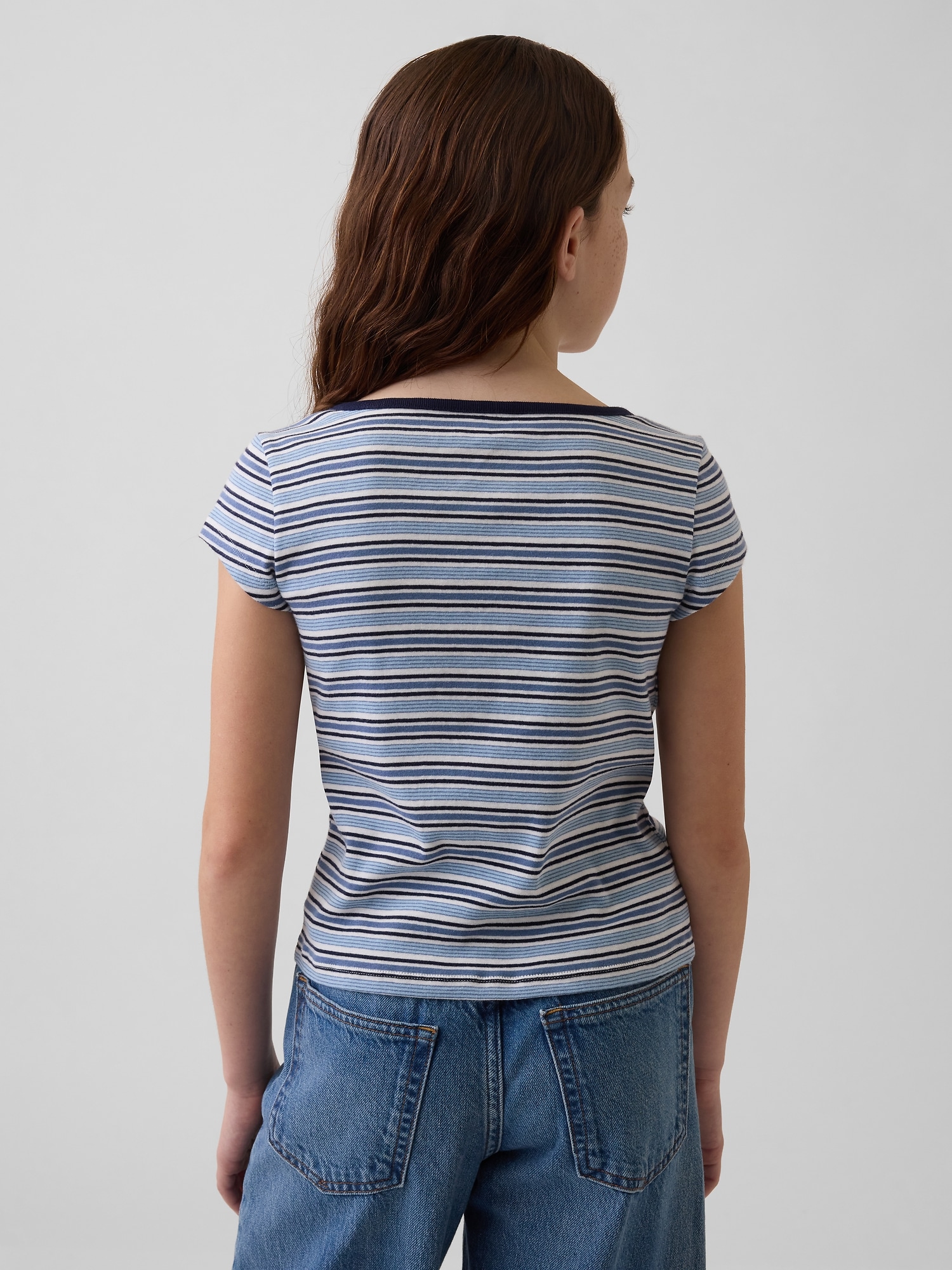 Детская футболка Gap Fitted Cap-Sleeve, цвет: Синий полосатый — фото 3