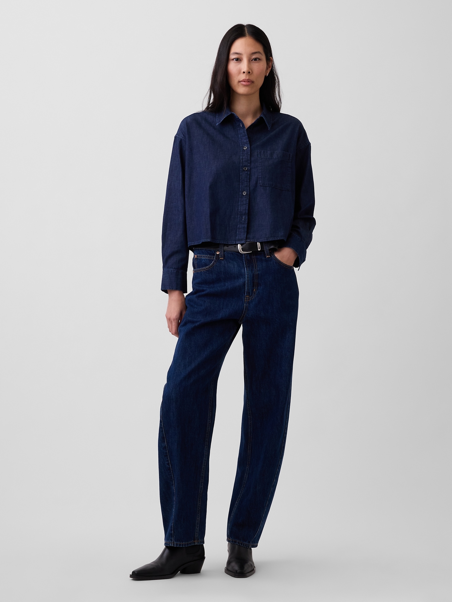 UltraSoft Denim Straight-Hem Crop Shirt