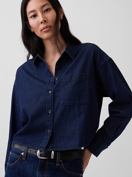 Image number 4 showing, UltraSoft Denim Straight-Hem Crop Shirt