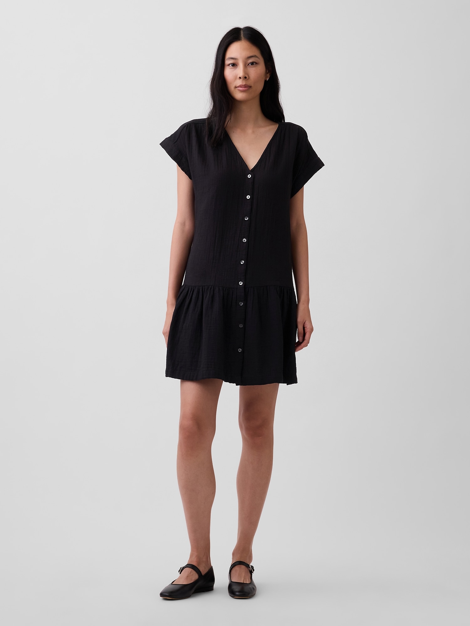 Gap Cotton Gauze V-neck Tunic Dress In Black