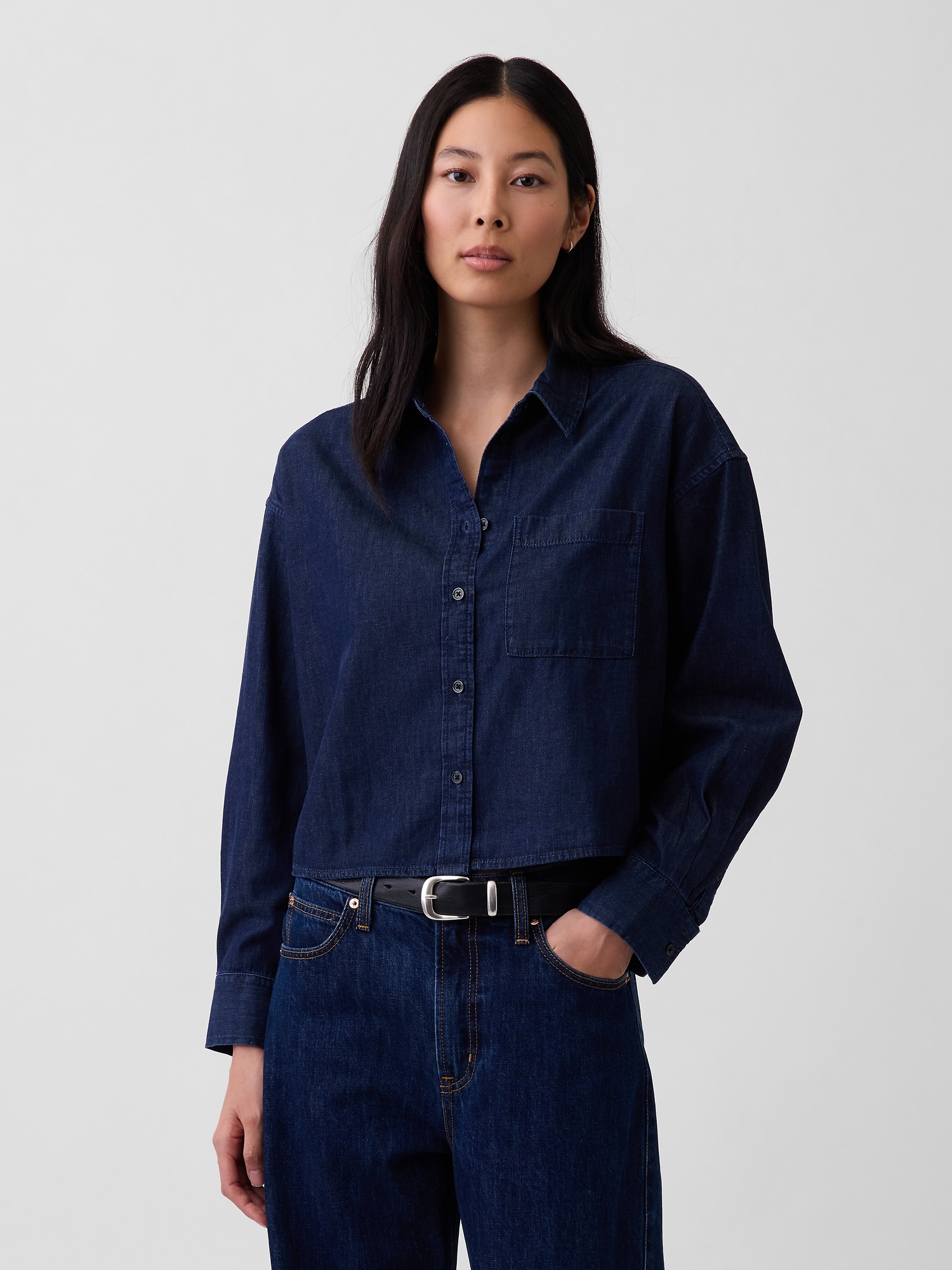 UltraSoft Denim Straight-Hem Crop Shirt