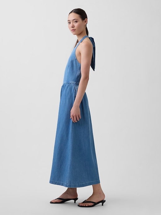 Image number 3 showing, Denim Tie-Back Halter Maxi Dress