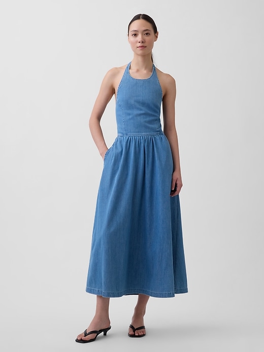 Image number 1 showing, Denim Tie-Back Halter Maxi Dress