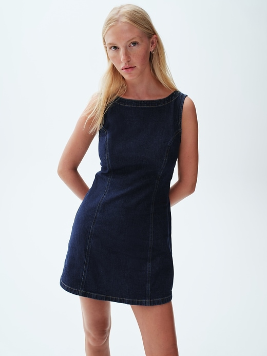 Image number 6 showing, Denim Boatneck Open-Back Mini Dress