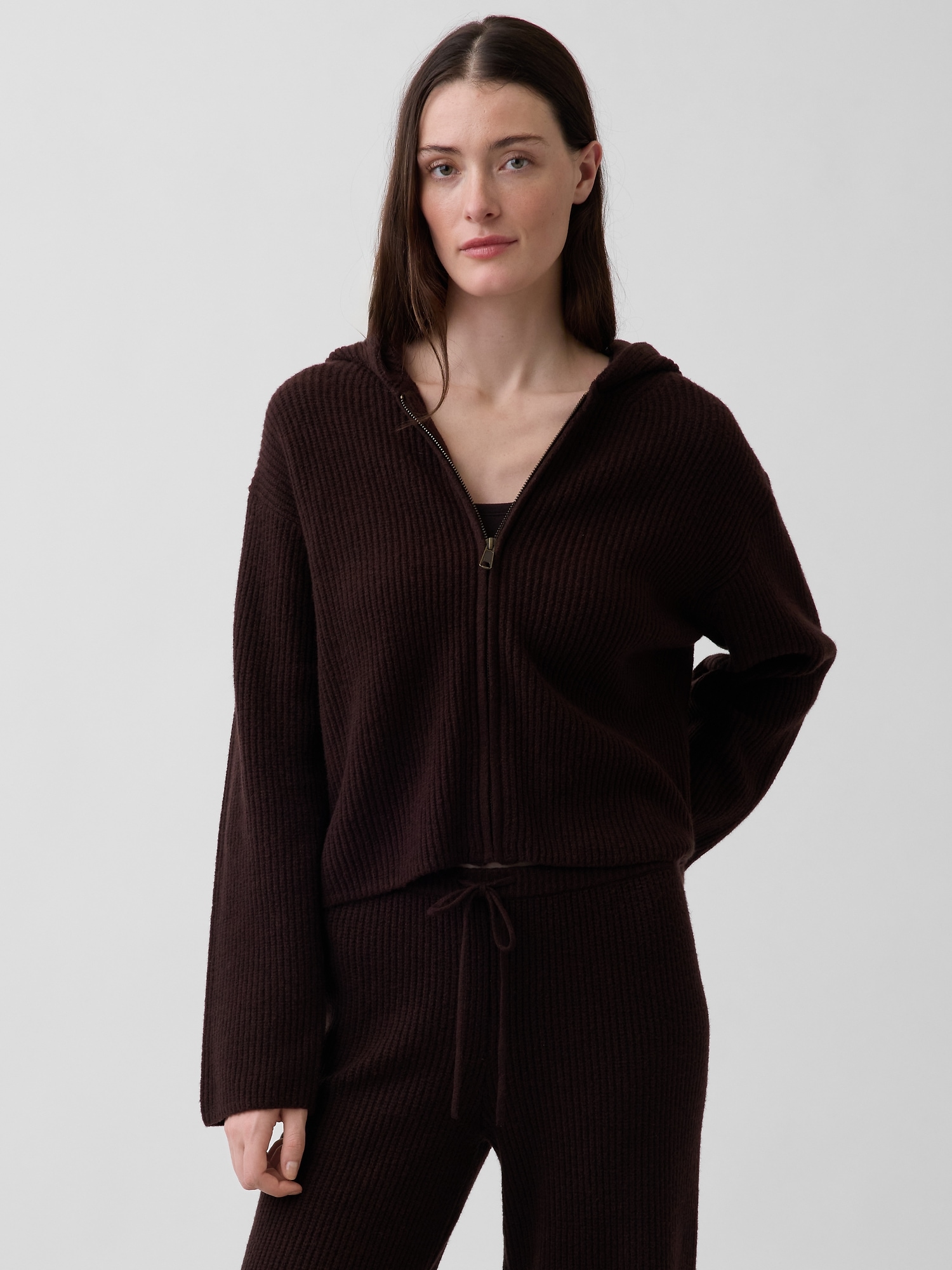 CashSoft Oversized Shaker-Stitch Zip Hoodie