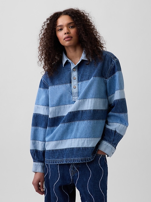 Image number 5 showing, Gap × HFR Stripe Denim Polo Shirt by Daveed Baptiste