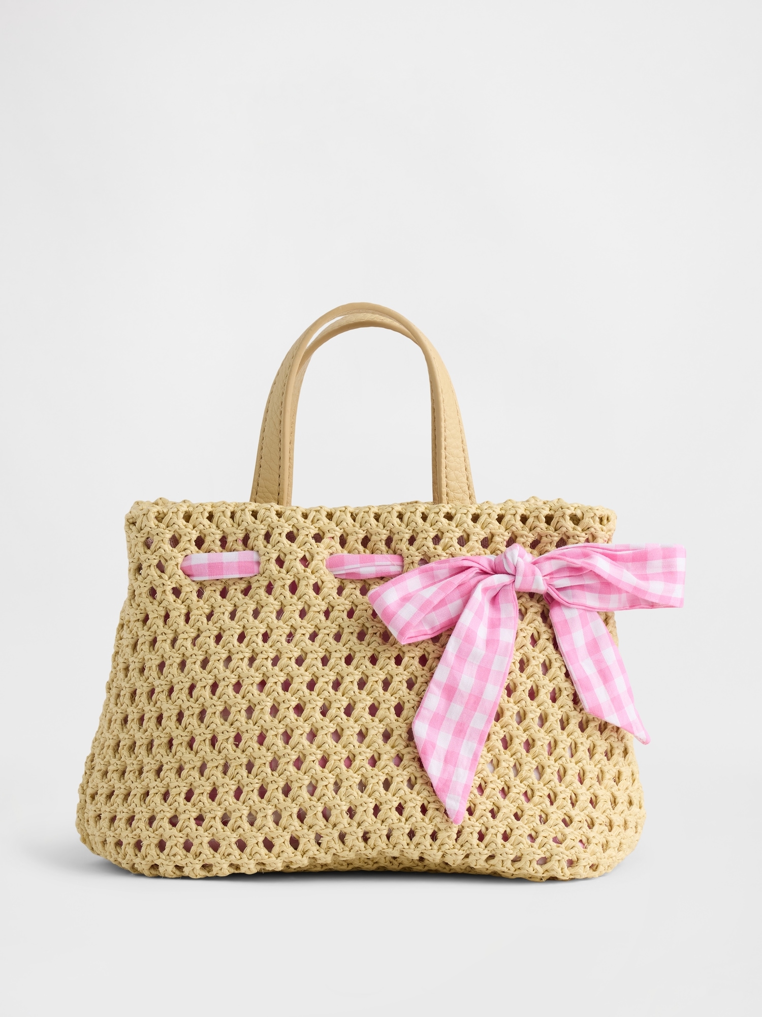 Toddler Gingham Bow Straw Bag