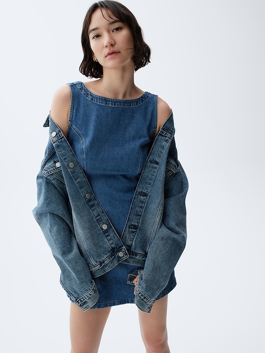 Image number 6 showing, Denim Boatneck Open-Back Mini Dress