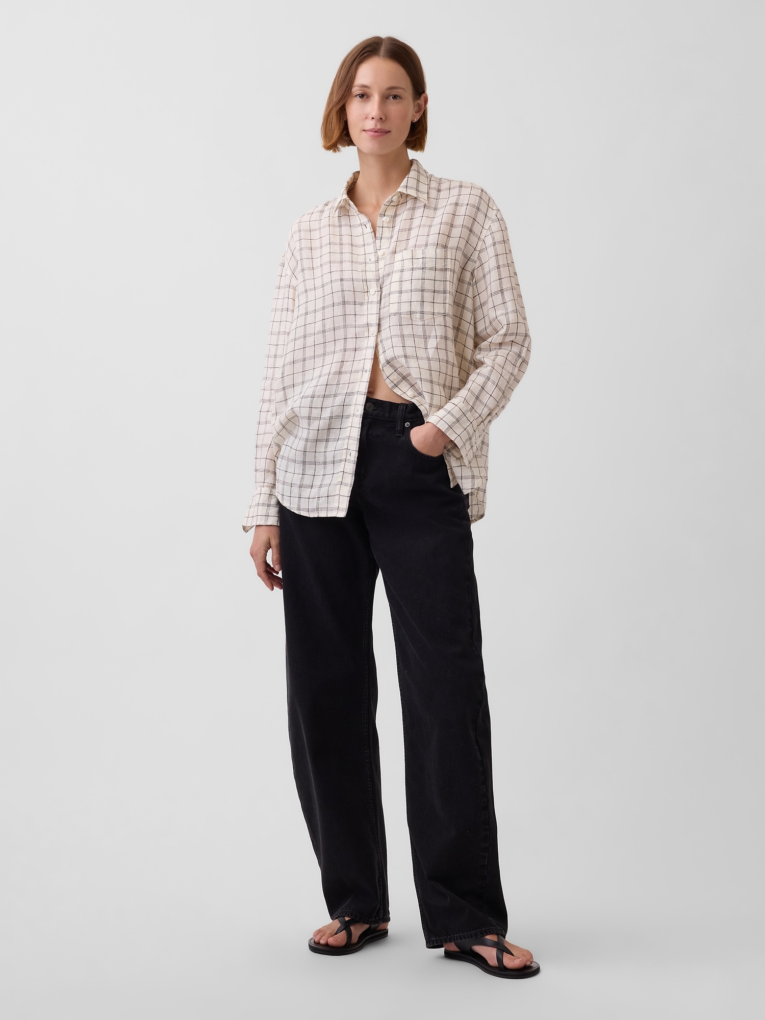 Женская рубашка Gap 100% Linen Oversized Shirt, цвет: Бежевый клетчатый — фото 2