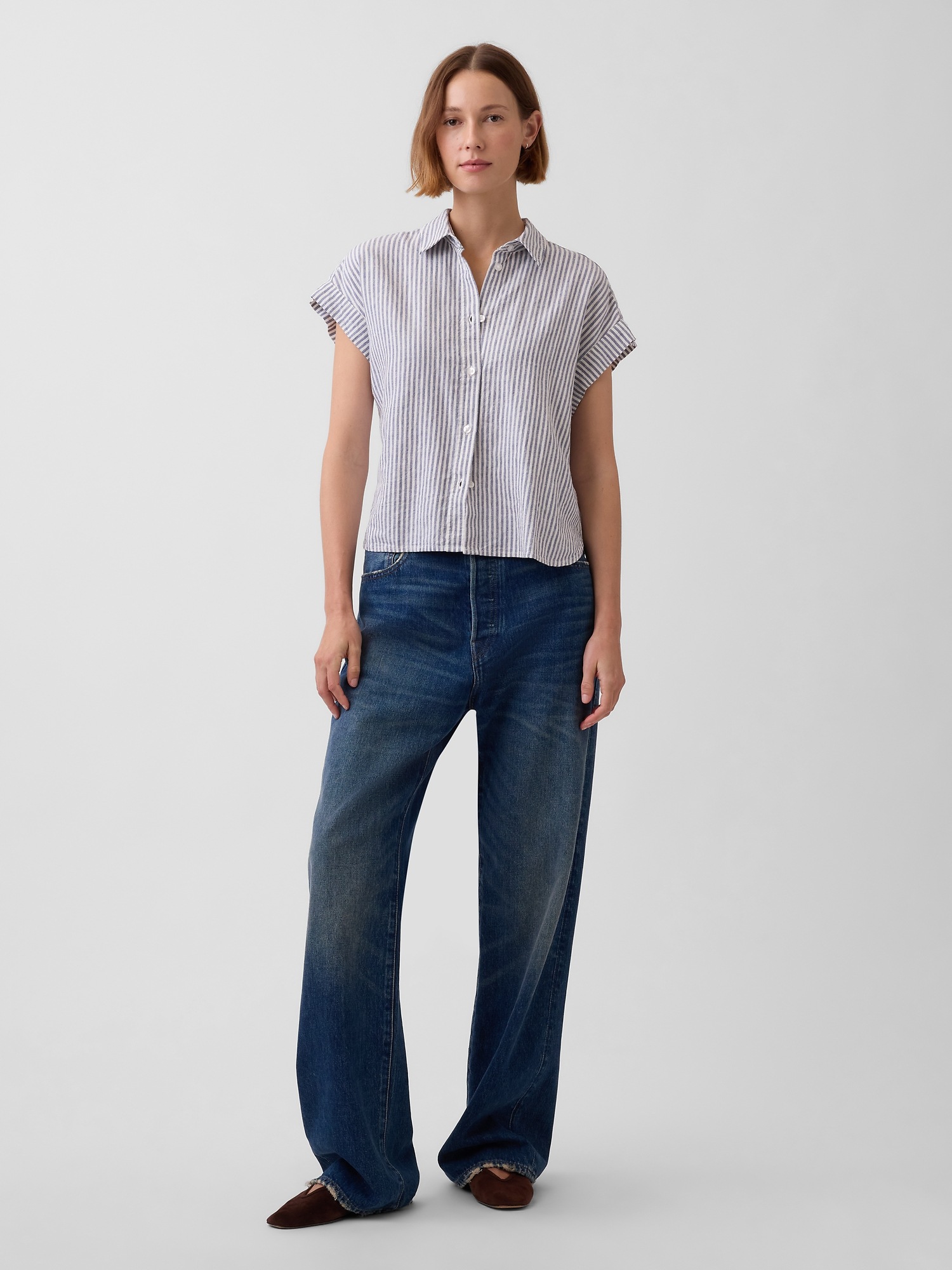Женская рубашка Gap Linen-Blend Oversized Shirt, цвет: Синий / Белый — фото 2