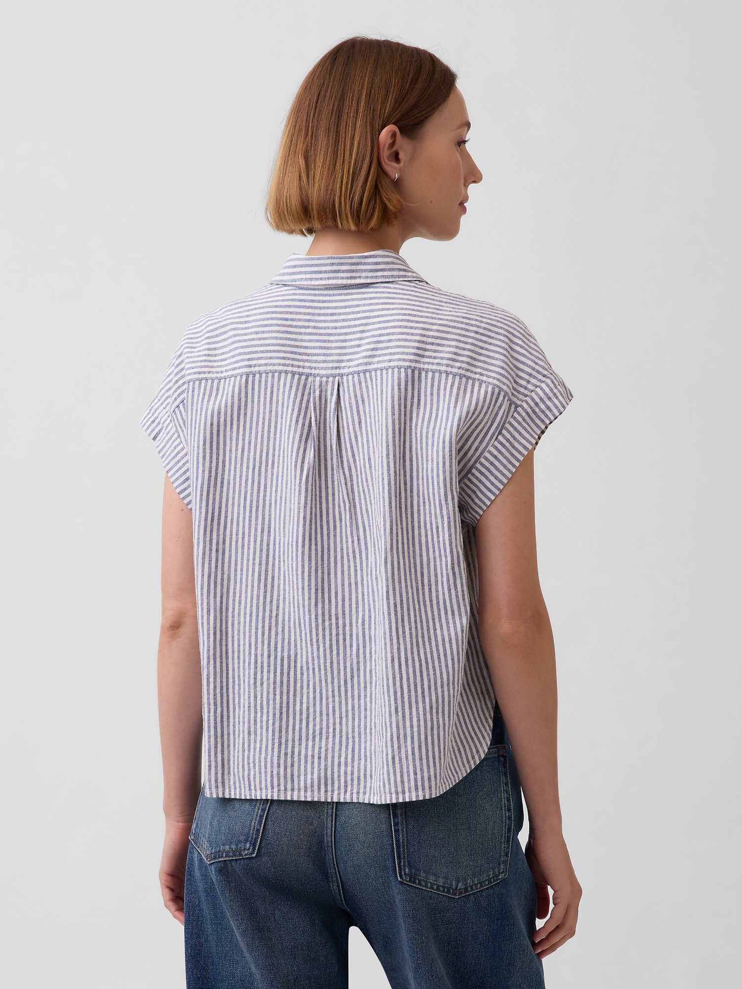 Женская рубашка Gap Linen-Blend Oversized Shirt, цвет: Синий / Белый — фото 3