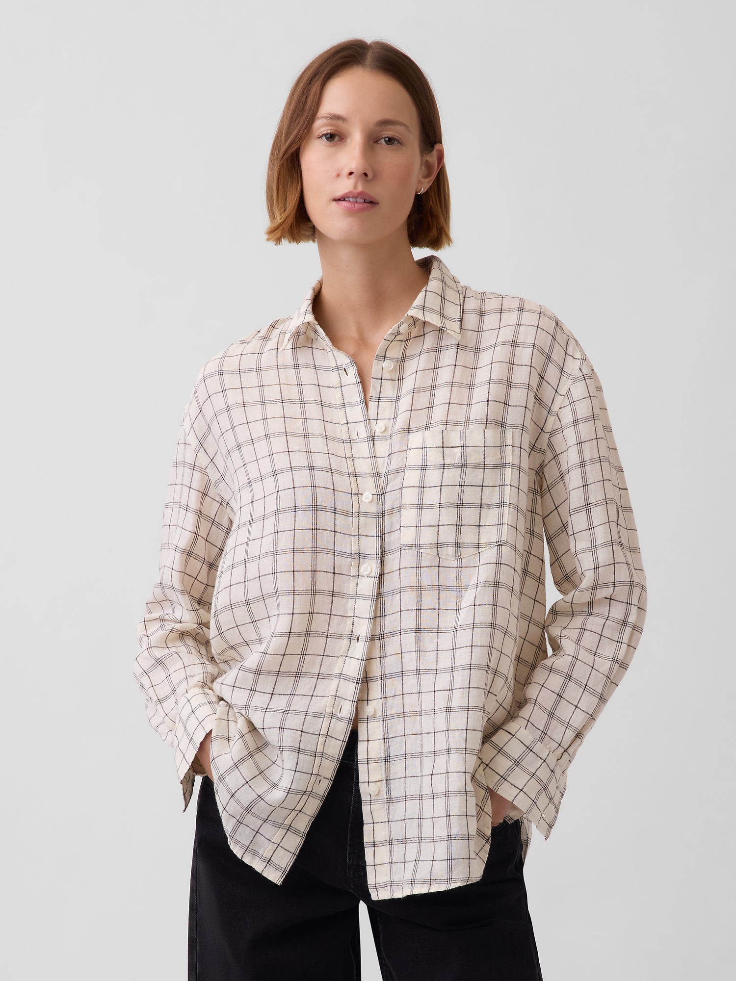 Женская рубашка Gap 100% Linen Oversized Shirt, цвет: Бежевый клетчатый