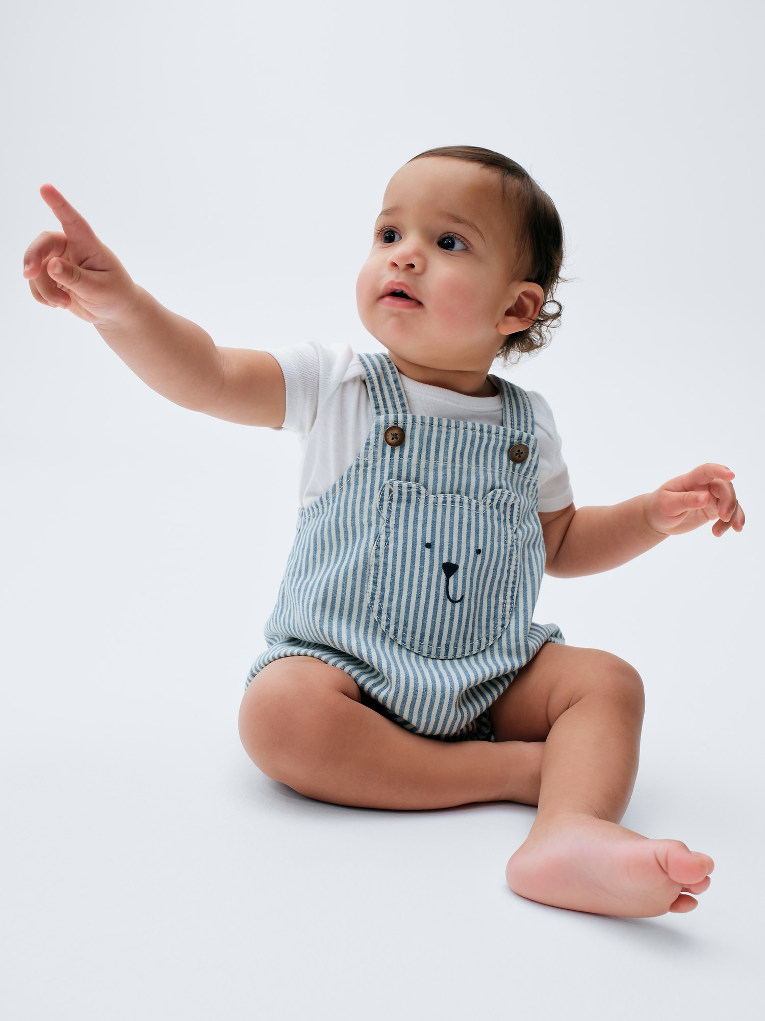 Baby Denim Stripe Bear Pocket Bubble Bodysuit