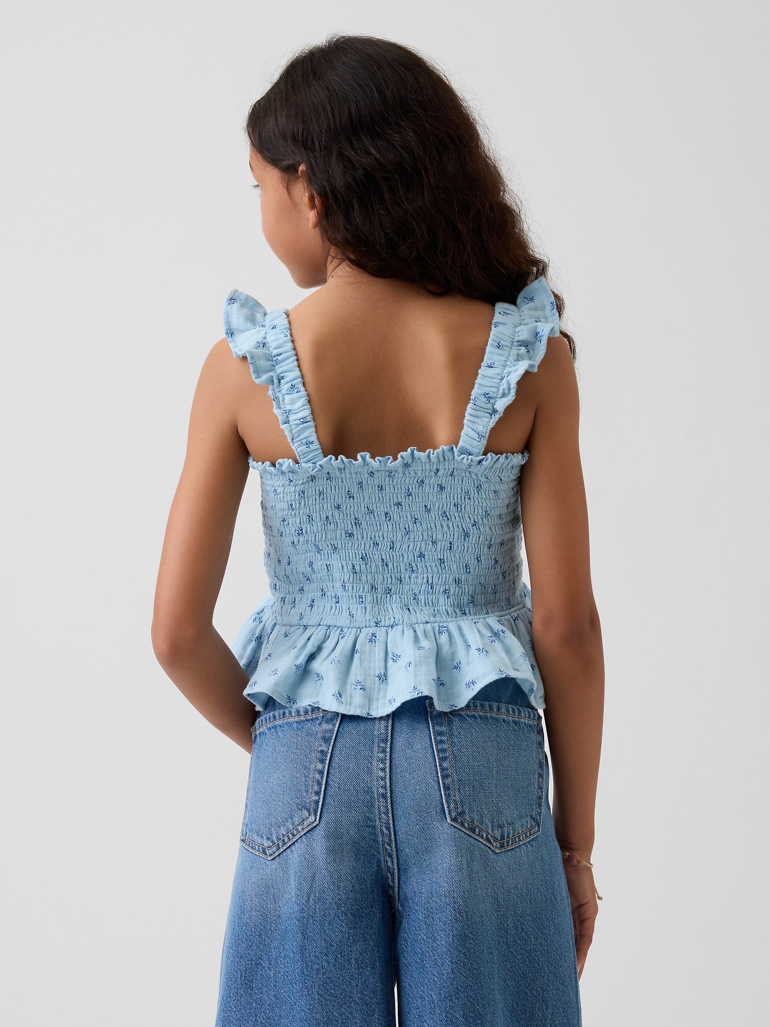 Детский топ Gap Cotton Gauze Smocked Peplum Top, цвет: Синий с принтом — фото 3