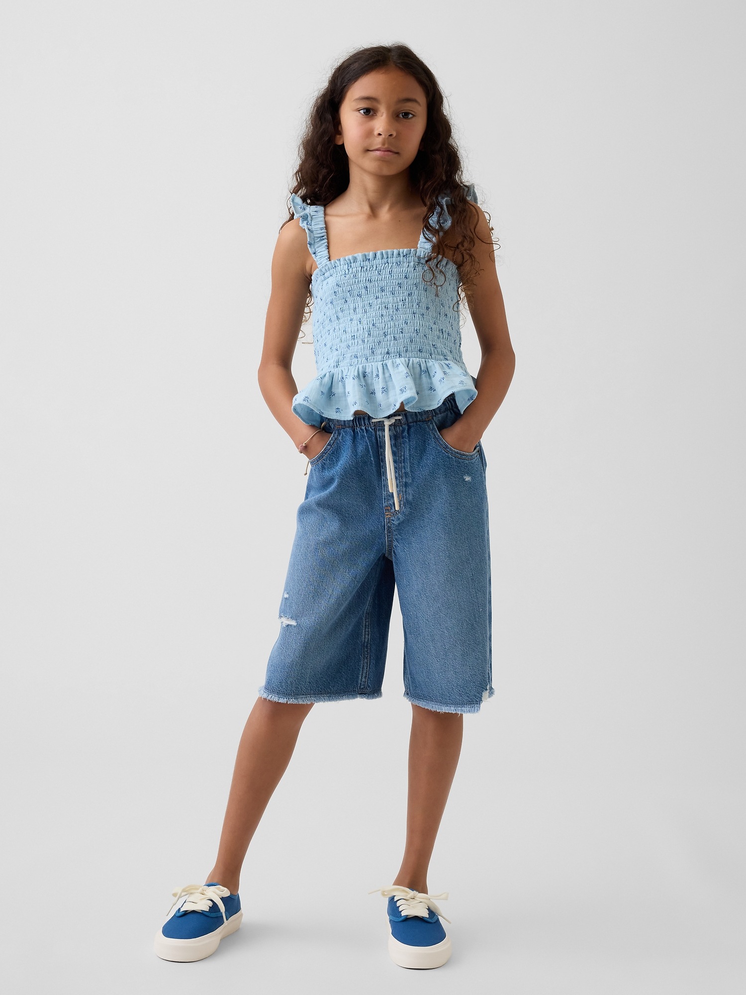 Детский топ Gap Cotton Gauze Smocked Peplum Top, цвет: Синий с принтом — фото 4