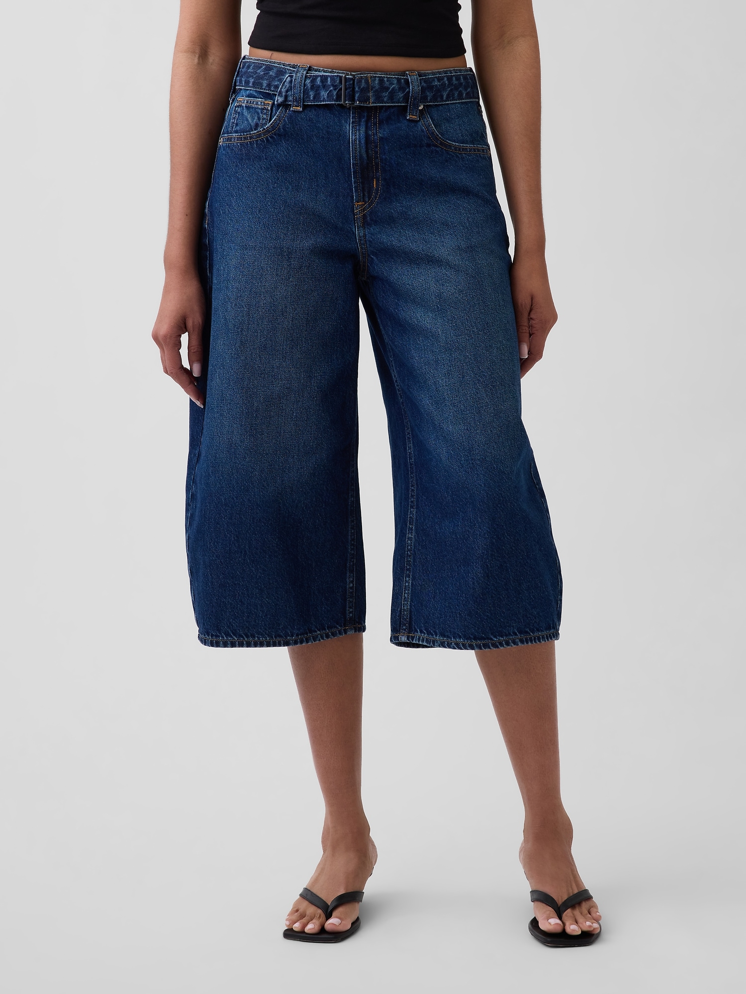 High Rise Belted Culotte Barrel Jeans