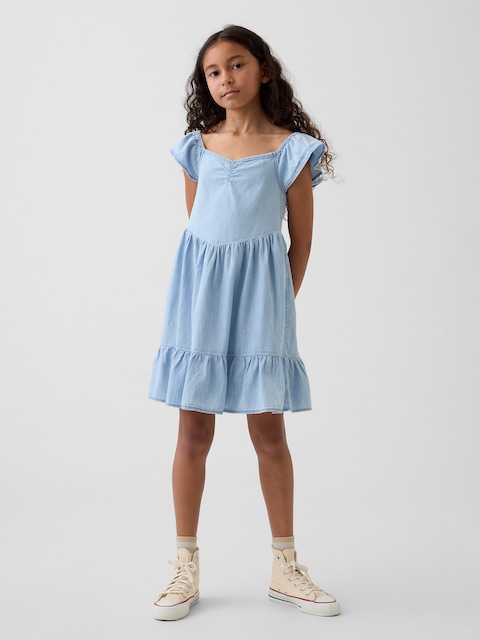 Denim Flutter-Sleeve Sweetheart Dress