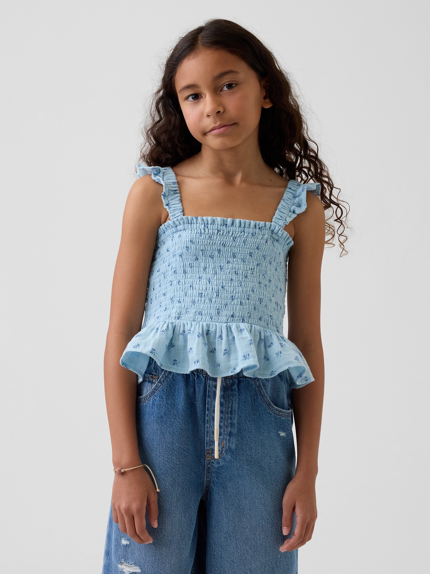 Kids Cotton Gauze Smocked Peplum Top