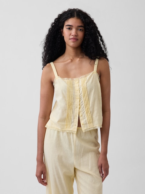Linen-Blend Pintuck Crop PJ Tank Top