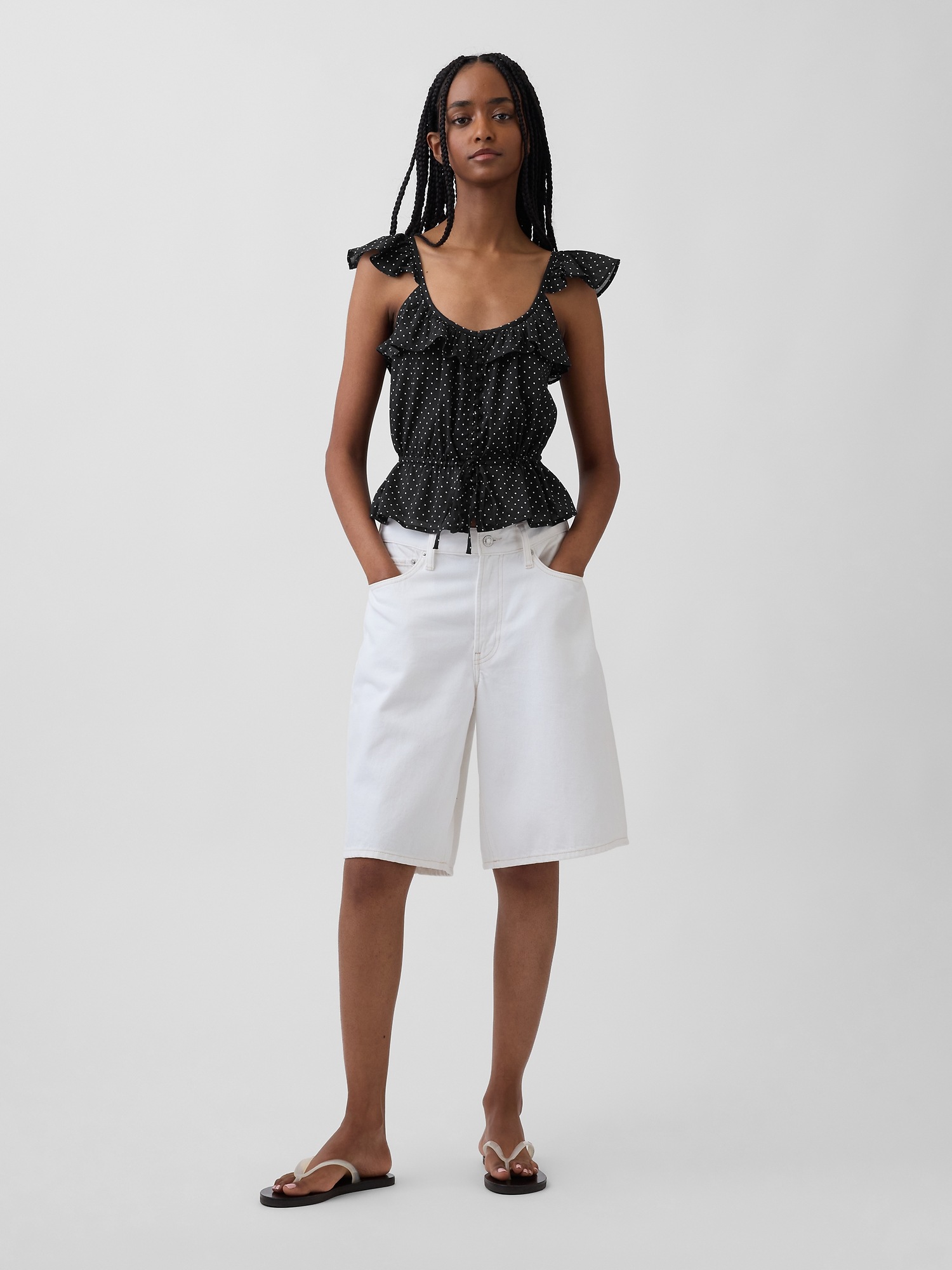Женский топ Gap Flutter-Sleeve Tie-Waist Top, цвет: Чёрный в горошек — фото 2