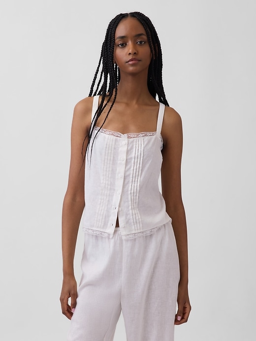 Image number 1 showing, Linen-Blend Pintuck Crop PJ Tank Top