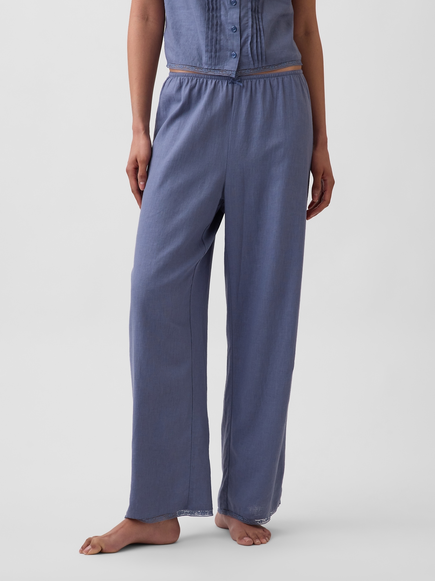 Linen-Blend Lace-Hem PJ Pants