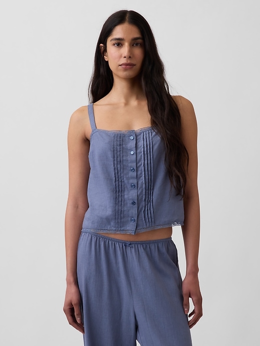 Image number 1 showing, Linen-Blend Pintuck Crop PJ Tank Top