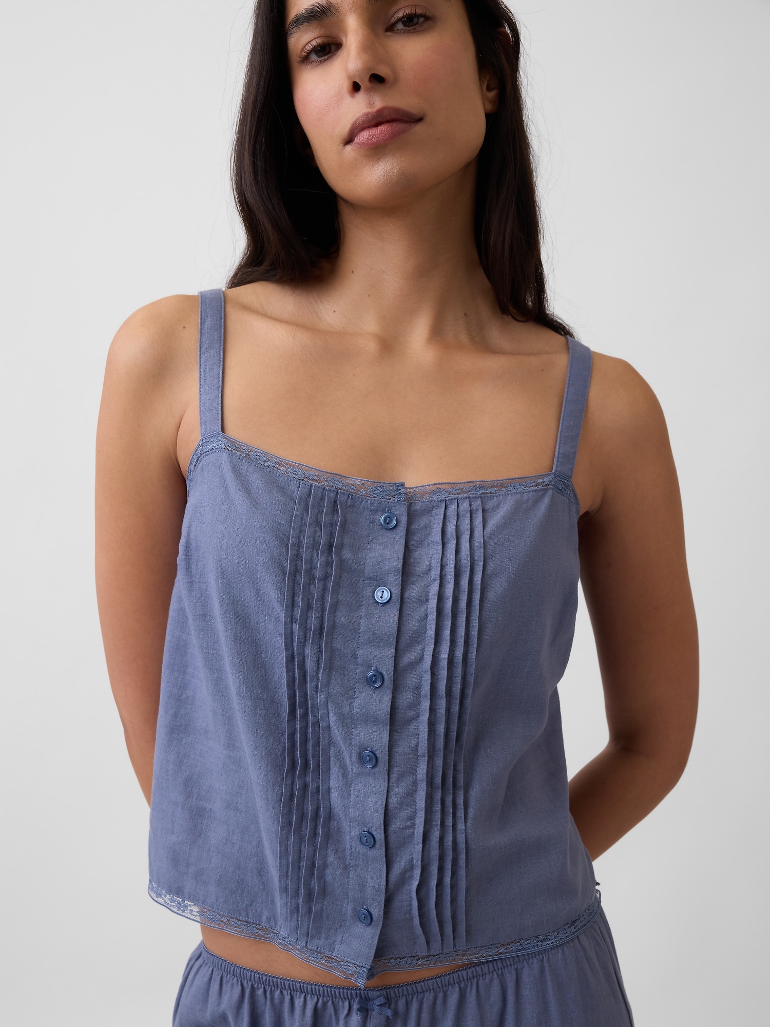 Linen-Blend Pintuck Crop PJ Tank Top