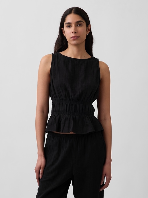 Image number 1 showing, Cotton Gauze Smocked-Waist Peplum Top