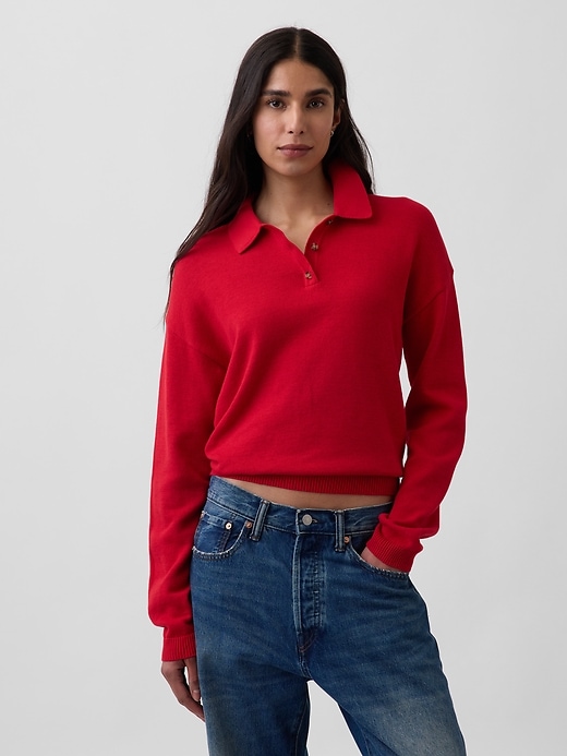 Image number 1 showing, 100% Cotton Relaxed Polo Sweater
