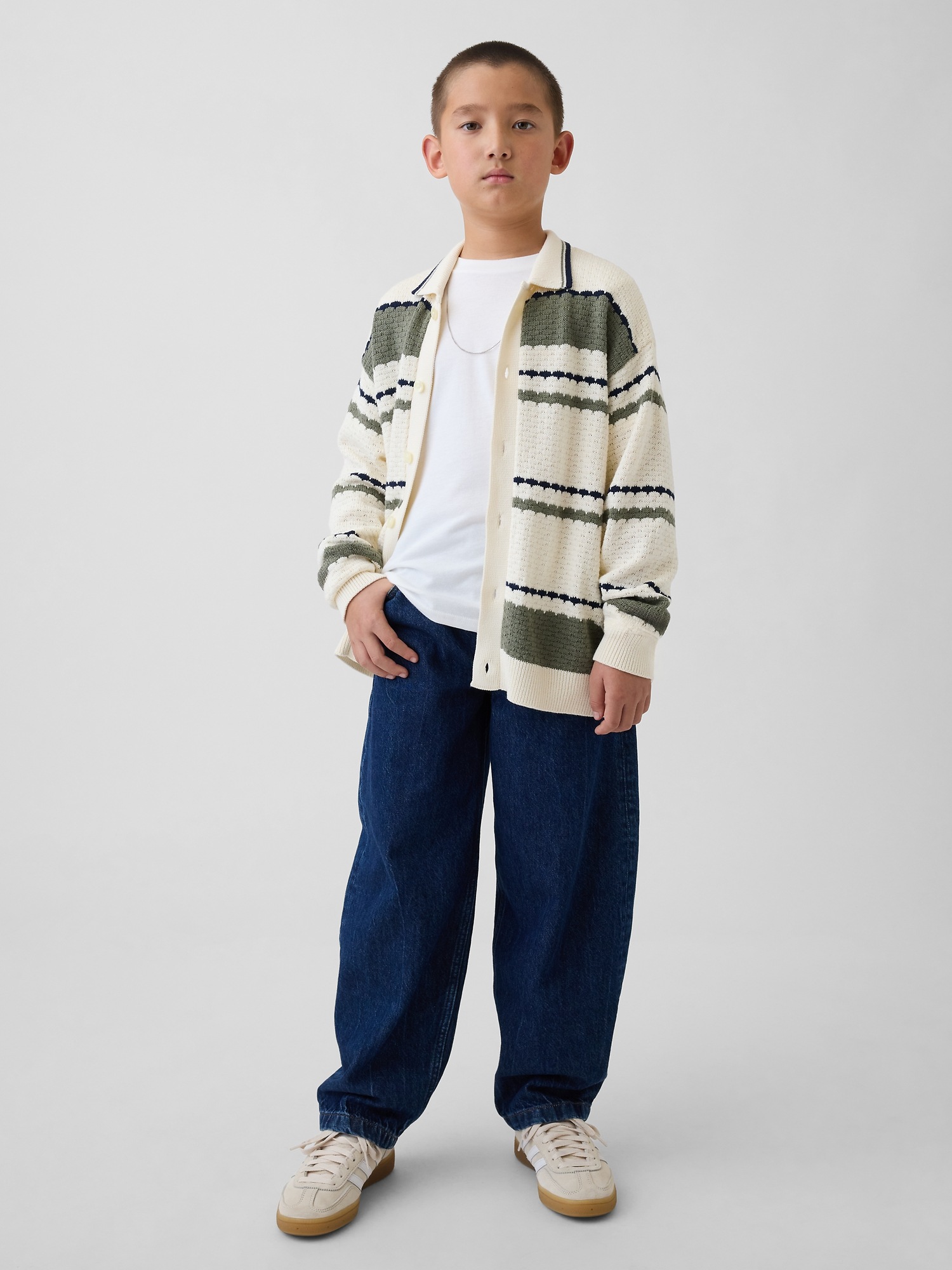 Детский кардиган Gap Relaxed Polo Cardigan, цвет: Зелёный полосатый — фото 4