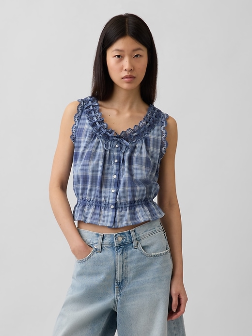 Image number 1 showing, Eyelet Tie-Front Crop Peplum Top