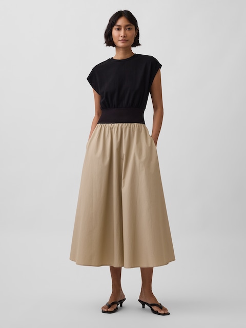 Mixed Media Drop-Waist Midi Dress