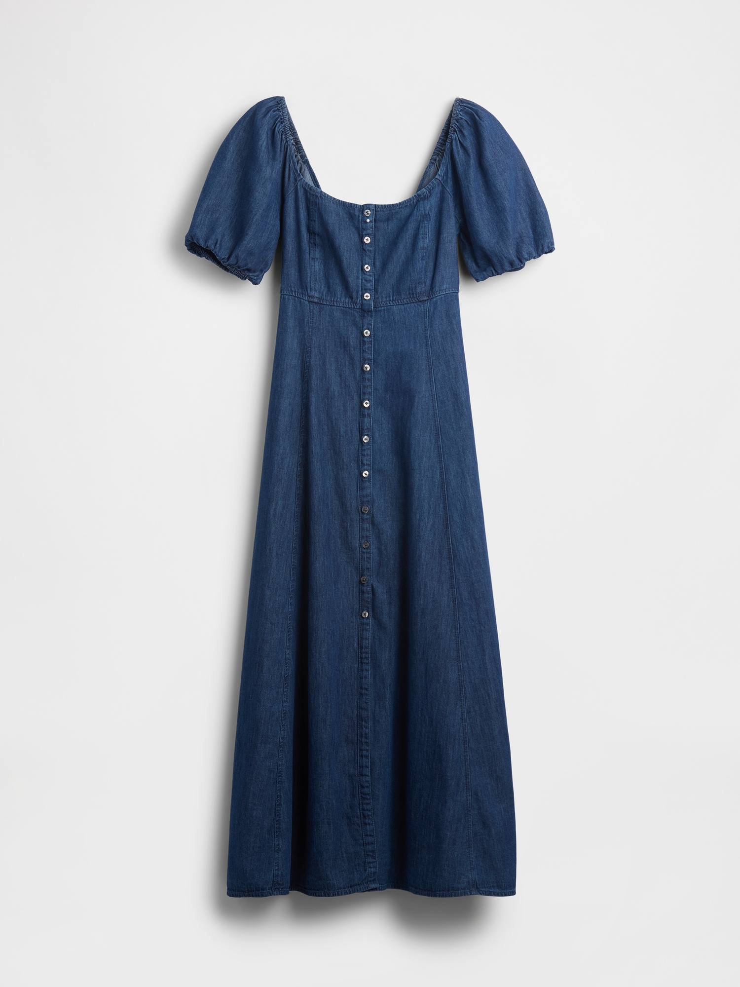 Denim Puff-Sleeve Button-Front Maxi Dress