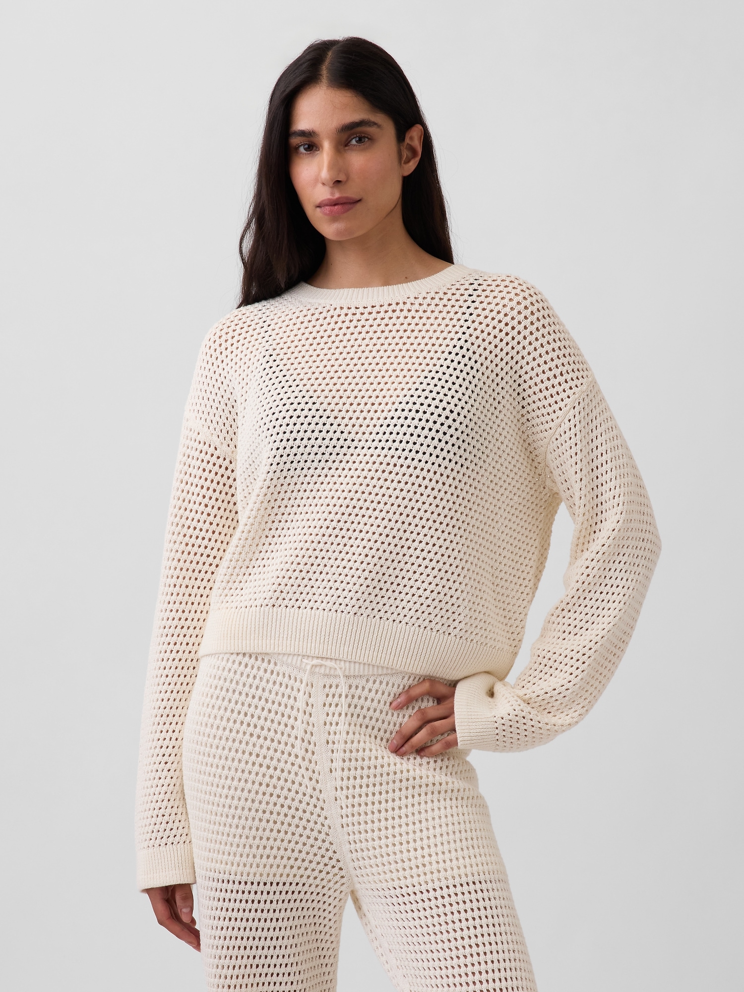 Gap 100% Cotton Crochet Relaxed Sweater In White