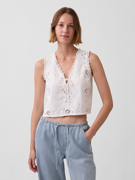 Image number 1 showing, Linen-Blend Embroidered Crop Shell Tank Top