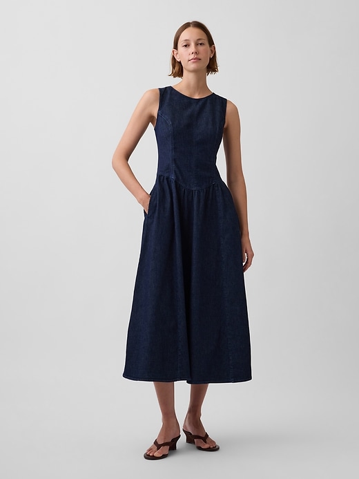 Image number 1 showing, Denim Drop-Waist Midi Dress