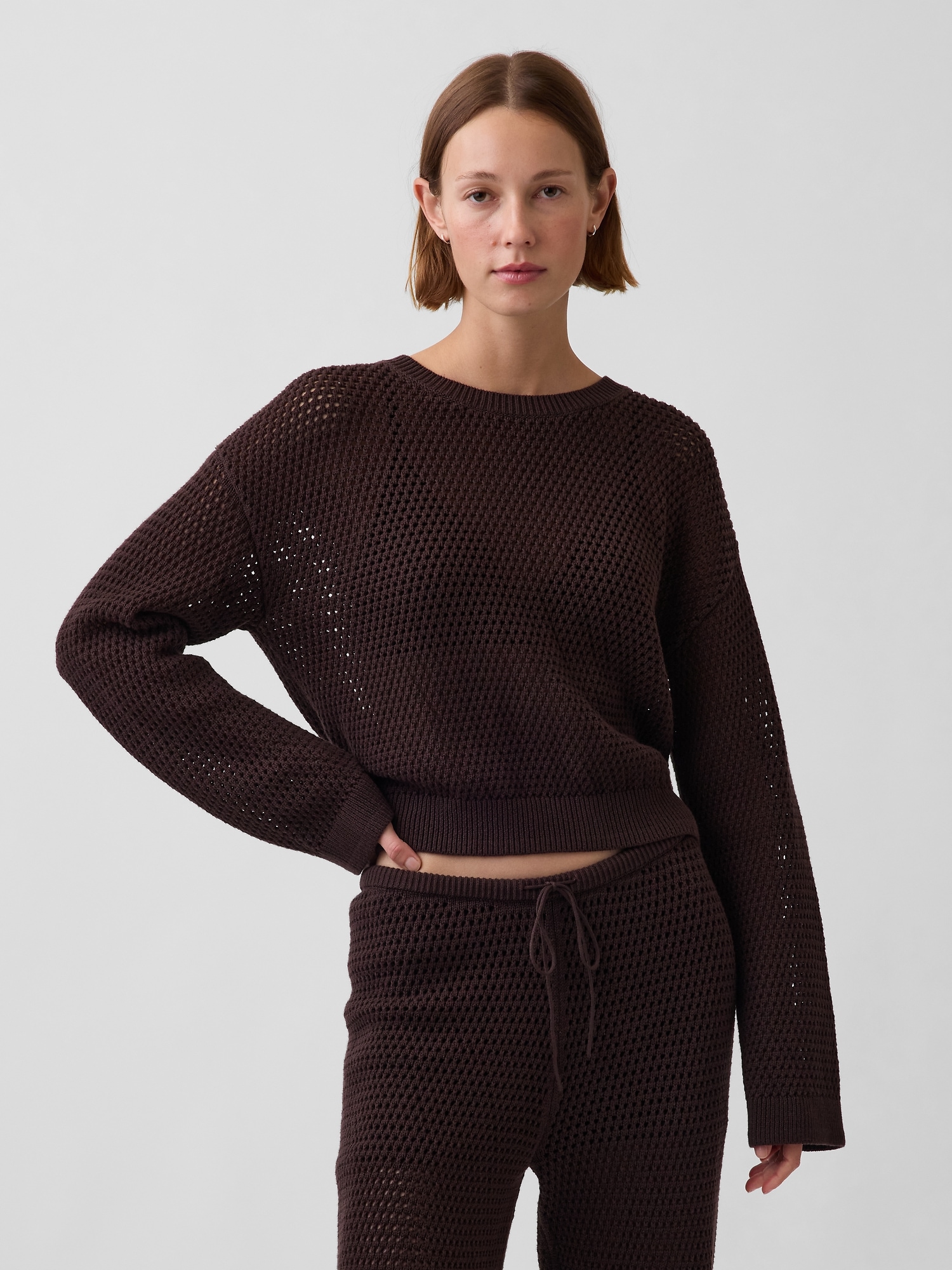 Gap 100% Cotton Crochet Relaxed Sweater In Brown