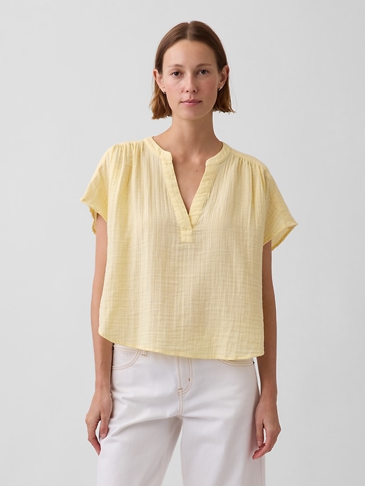 Image number 1 showing, Cotton Gauze Oversized Split-Neck Top