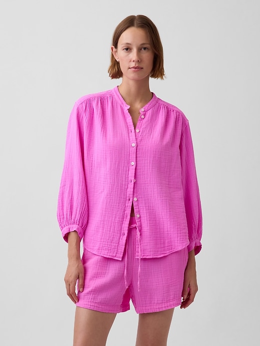 Image number 1 showing, Cotton Gauze Oversized Collarless Shirt